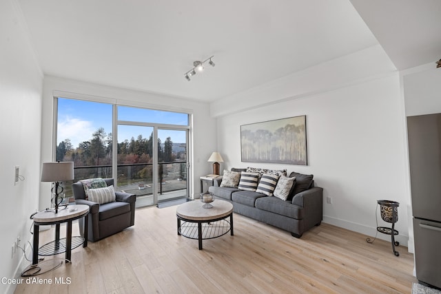 living room with light wood-type flooring and crown molding