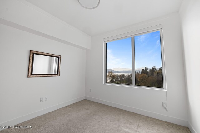 empty room featuring a mountain view and light colored carpet