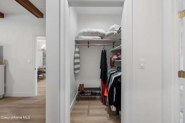 spacious closet with beamed ceiling and light hardwood / wood-style flooring