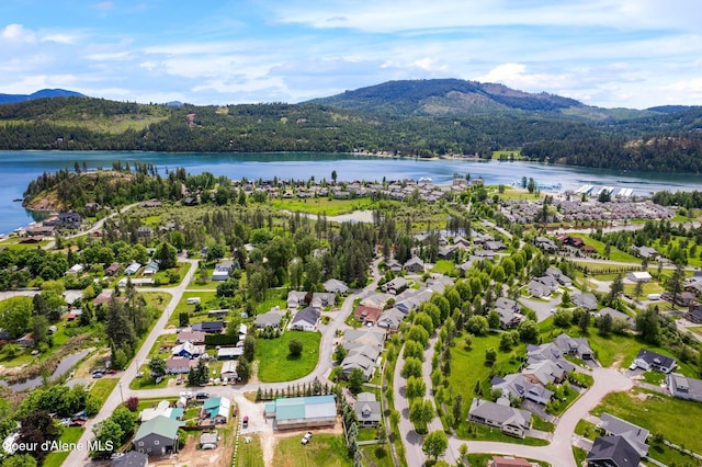 birds eye view of property featuring a water and mountain view