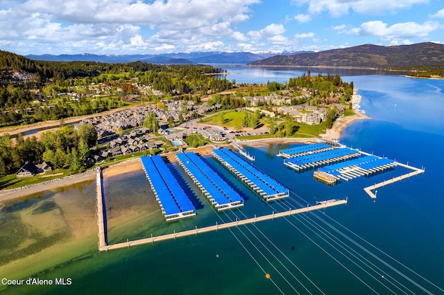 bird's eye view featuring a water and mountain view