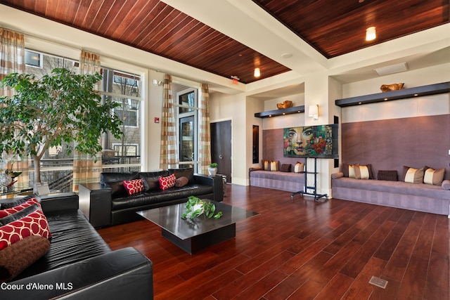 living area featuring wood finished floors and wood ceiling