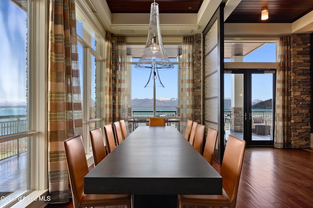 unfurnished dining area featuring french doors, a tray ceiling, wood finished floors, and a mountain view
