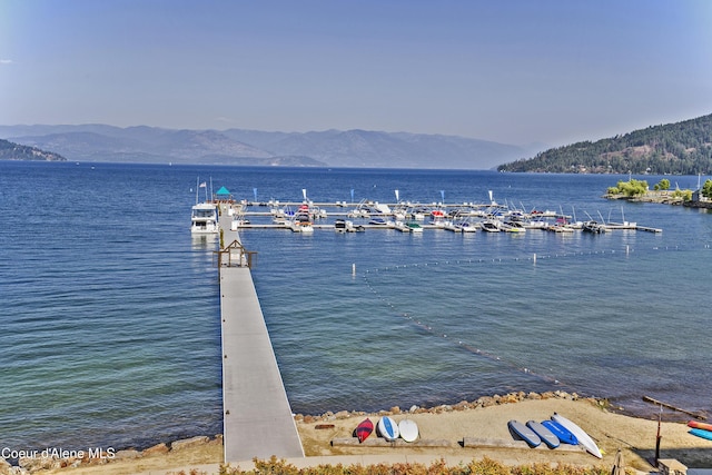 property view of water featuring a boat dock and a mountain view