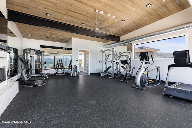 exercise room with wood ceiling