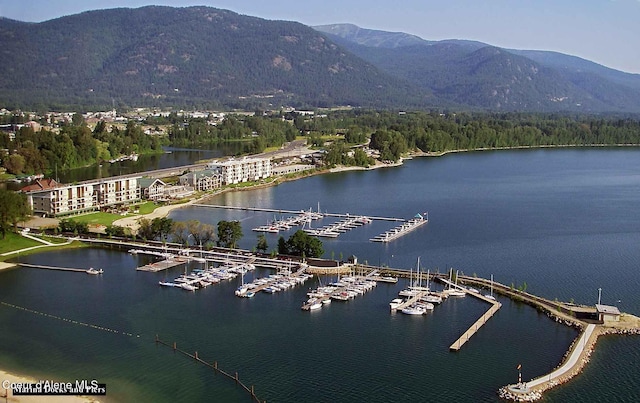 drone / aerial view with a water and mountain view