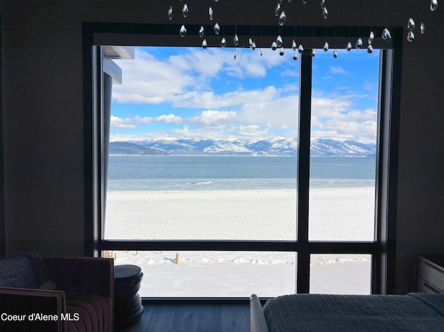 bedroom with a water and mountain view and wood finished floors