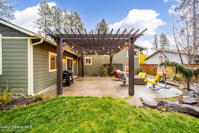 view of patio / terrace featuring outdoor lounge area and a pergola