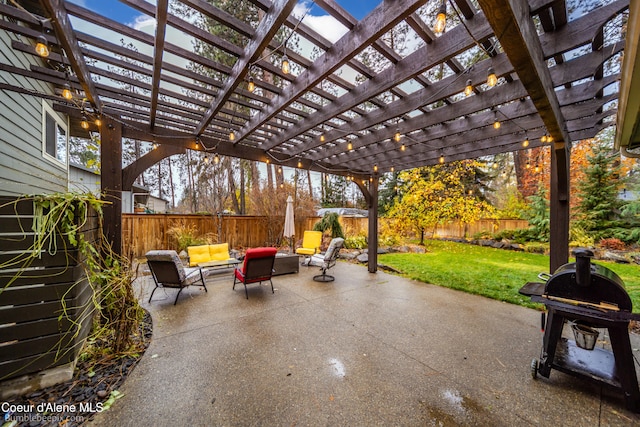 view of patio / terrace featuring outdoor lounge area, area for grilling, and a pergola