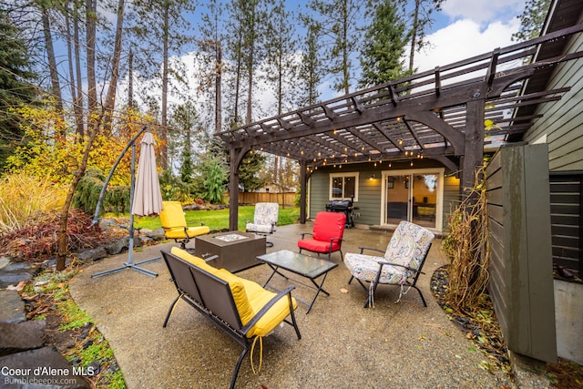 view of patio / terrace featuring outdoor lounge area, area for grilling, and a pergola