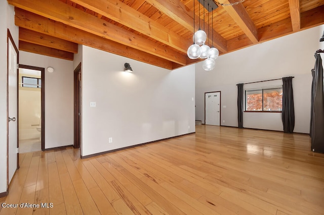 spare room with beam ceiling, wood ceiling, a notable chandelier, and light hardwood / wood-style floors