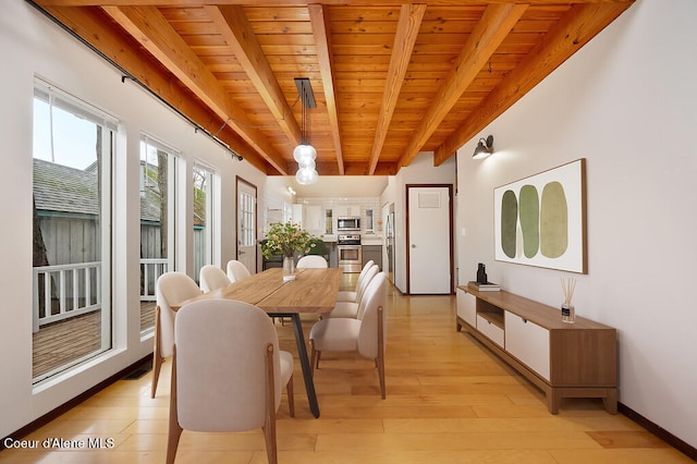 dining area with beam ceiling, light wood-type flooring, and wood ceiling