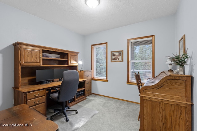 office with light carpet and a textured ceiling