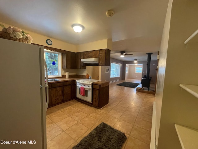 kitchen featuring kitchen peninsula, white appliances, dark brown cabinetry, ceiling fan, and sink