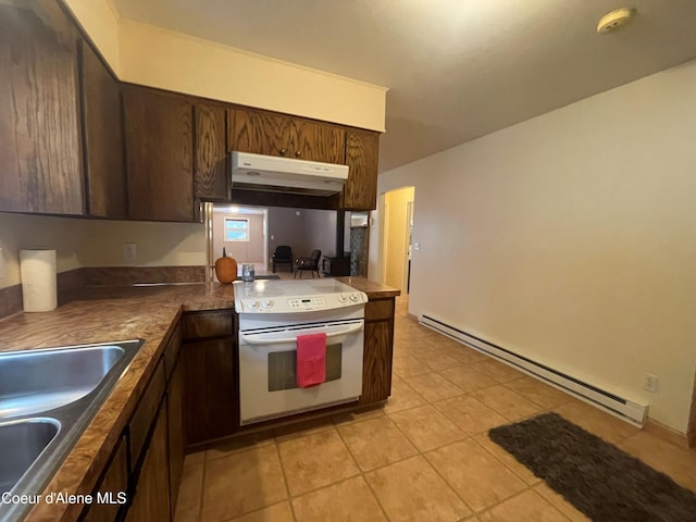kitchen featuring sink, white electric range, a baseboard heating unit, dark brown cabinets, and light tile patterned floors