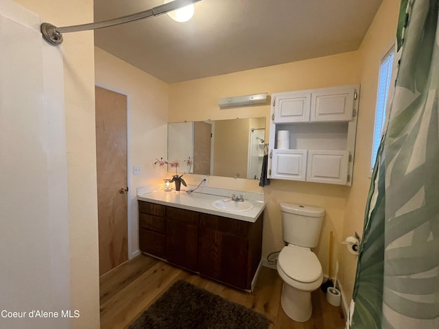 bathroom featuring hardwood / wood-style floors, vanity, and toilet