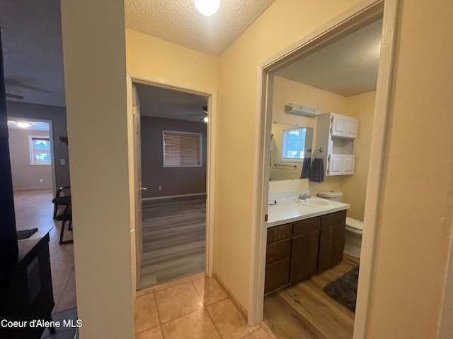 bathroom featuring a healthy amount of sunlight, wood-type flooring, and a textured ceiling