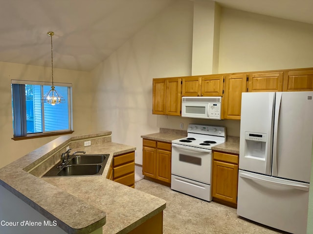 kitchen with white appliances, sink, decorative light fixtures, an inviting chandelier, and high vaulted ceiling