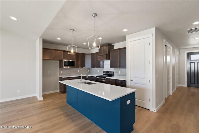 kitchen featuring appliances with stainless steel finishes, light wood-type flooring, sink, pendant lighting, and a center island with sink