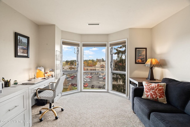 home office featuring light colored carpet