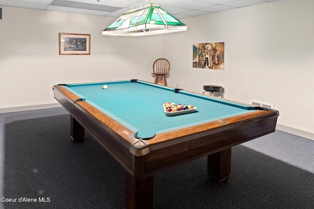 rec room featuring carpet flooring, a paneled ceiling, and billiards