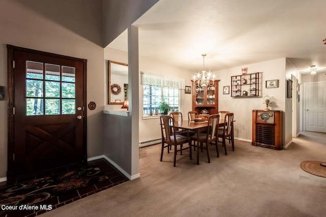 carpeted dining room featuring a notable chandelier and a baseboard radiator