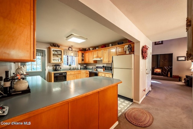 kitchen with a wood stove, light carpet, sink, appliances with stainless steel finishes, and kitchen peninsula