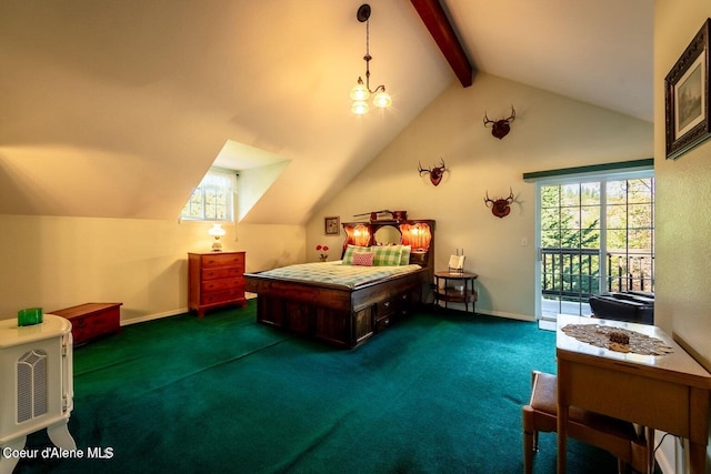 bedroom with vaulted ceiling with beams, dark carpet, and access to exterior