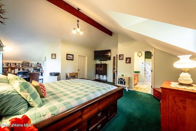 carpeted bedroom featuring beam ceiling, ensuite bath, high vaulted ceiling, and a chandelier