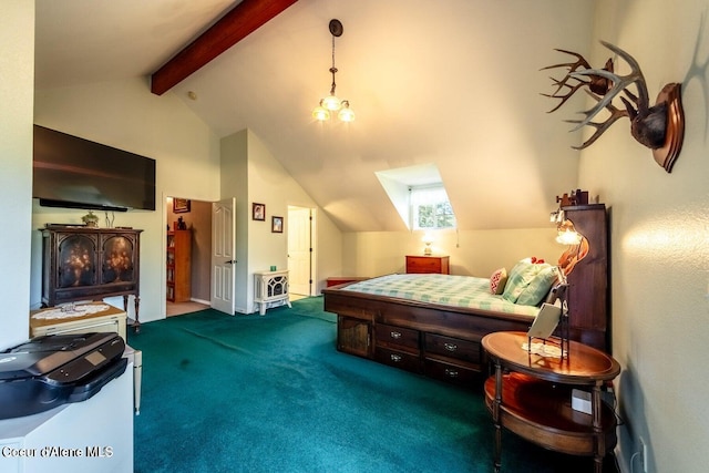 bedroom featuring vaulted ceiling with beams and carpet