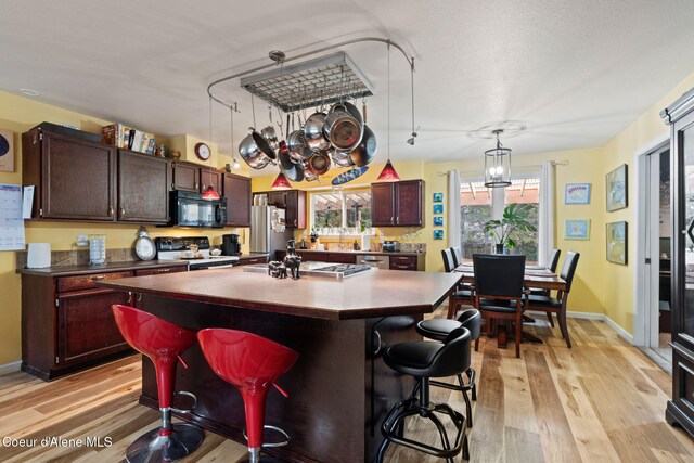 11673 N Boyer Rd, Sandpoint, ID 83864 - kitchen featuring appliances with stainless steel finishes, light wood-style flooring, a breakfast bar area, and a center island with sink