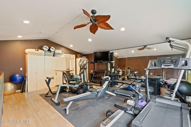 11673 N Boyer Rd, Sandpoint, ID 83864 - workout area with ceiling fan, wood finished floors, lofted ceiling, and recessed lighting