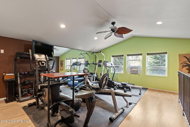 11673 N Boyer Rd, Sandpoint, ID 83864 - exercise room featuring a ceiling fan, wood finished floors, lofted ceiling, recessed lighting, and baseboards