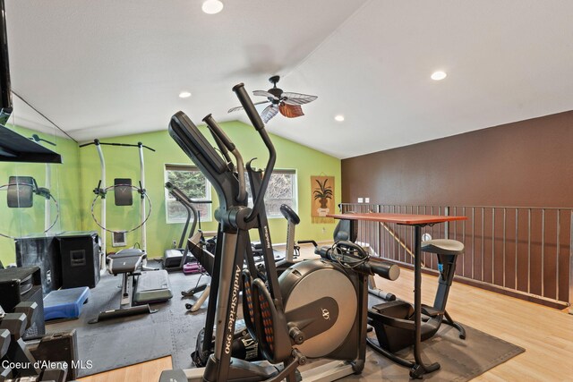 11673 N Boyer Rd, Sandpoint, ID 83864 - workout area with a ceiling fan, lofted ceiling, wood finished floors, and recessed lighting