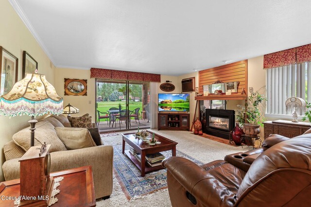 5299 W Green Ct # 5, Rathdrum, ID 83858 - living room with carpet flooring, a fireplace with flush hearth, and ornamental molding