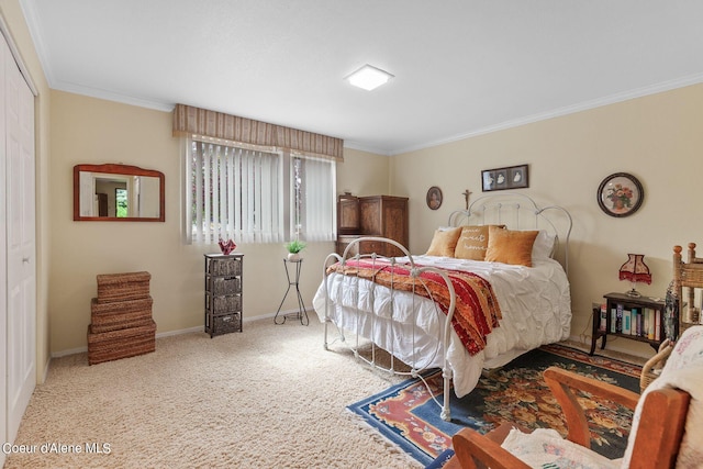 carpeted bedroom with a closet and ornamental molding