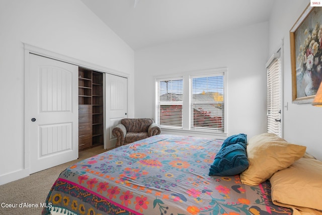 carpeted bedroom with lofted ceiling and a closet