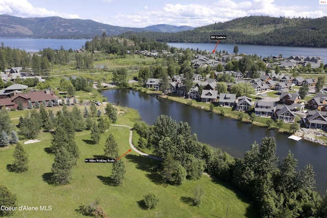 birds eye view of property with a water and mountain view