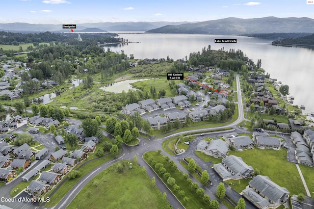 bird's eye view featuring a water and mountain view