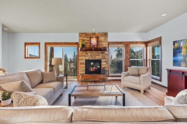 living room with light hardwood / wood-style flooring, plenty of natural light, and a stone fireplace