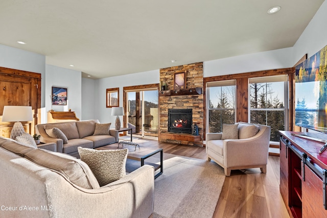 living room with plenty of natural light, light hardwood / wood-style floors, and a stone fireplace