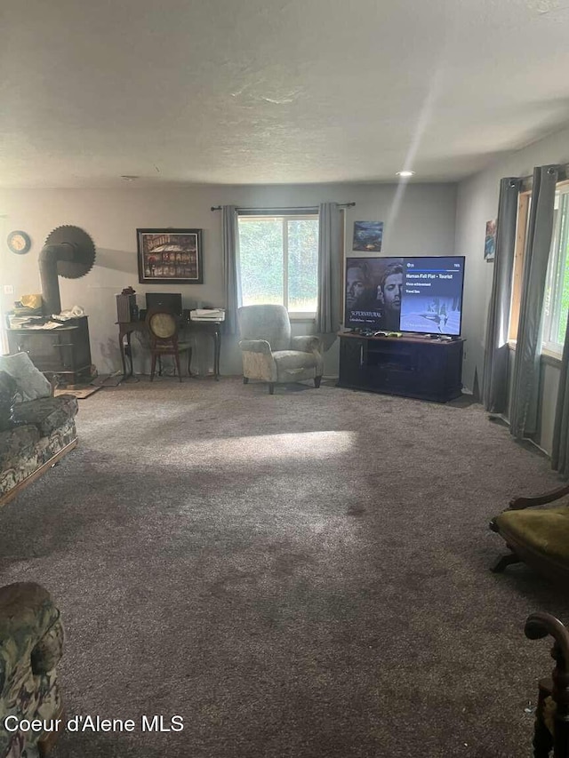 unfurnished living room featuring a wood stove and carpet