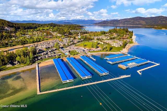 bird's eye view with a water and mountain view