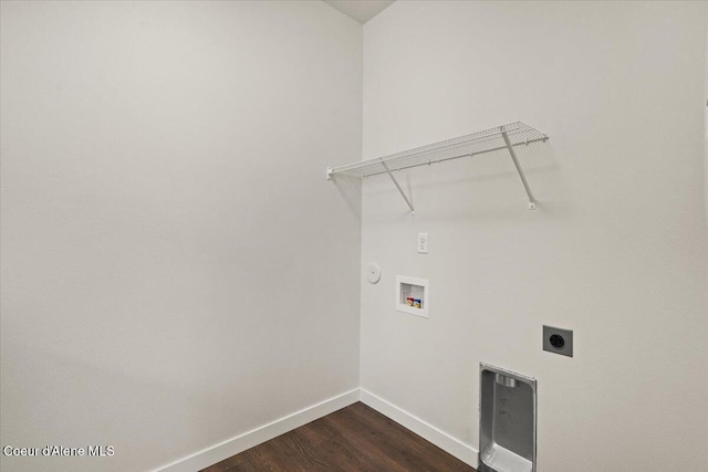 clothes washing area with hookup for a washing machine, dark wood-type flooring, and hookup for an electric dryer