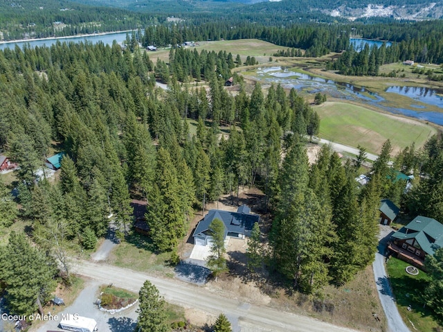aerial view featuring a water view and a view of trees