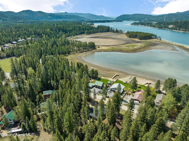 drone / aerial view featuring a view of trees and a water and mountain view