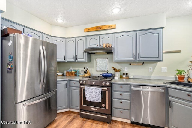 kitchen featuring gray cabinetry, sink, a textured ceiling, appliances with stainless steel finishes, and light wood-type flooring