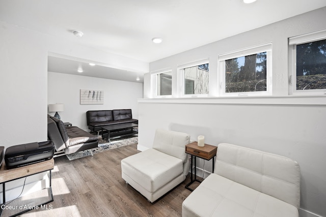 living area with hardwood / wood-style floors