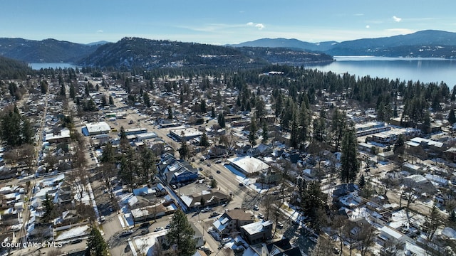 birds eye view of property featuring a water and mountain view