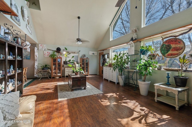 interior space with ceiling fan and vaulted ceiling